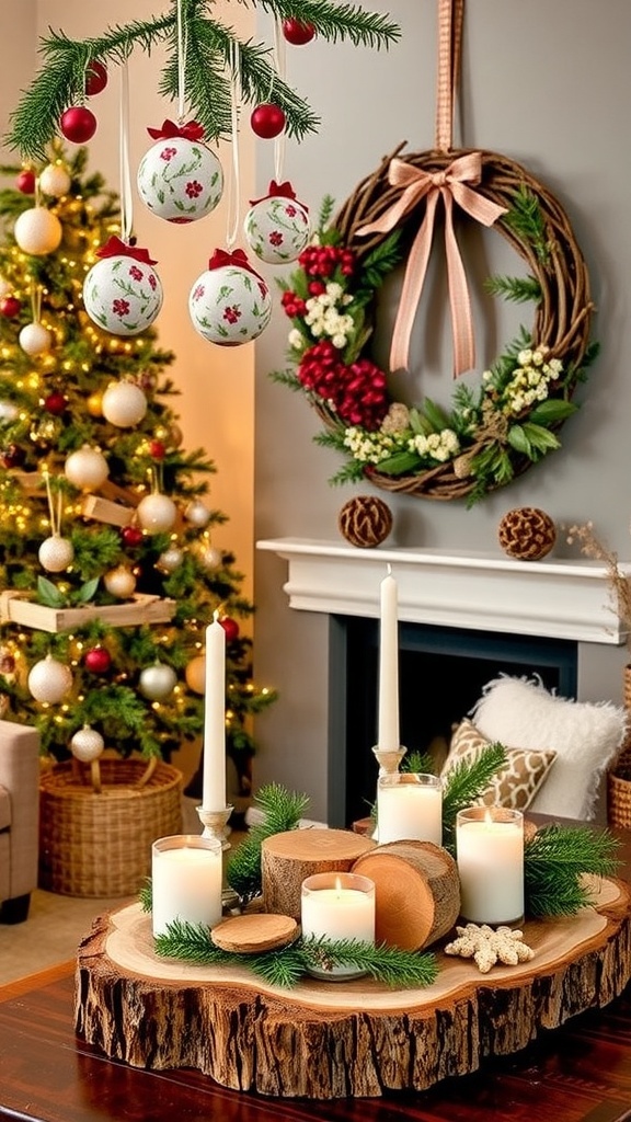 Rustic wooden Christmas decor including ornaments, wreath, and table centerpiece in a cozy setting.